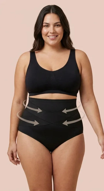 Black high-waist postpartum support briefs, worn