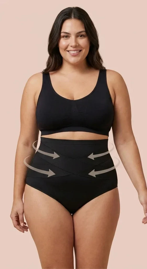 Black high-waist postpartum support briefs, worn