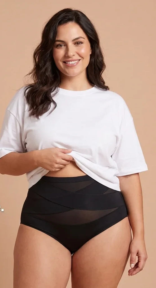 Postpartum briefs worn under a T-shirt