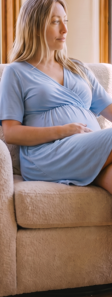 Sky blue dress worn seated, late pregnancy