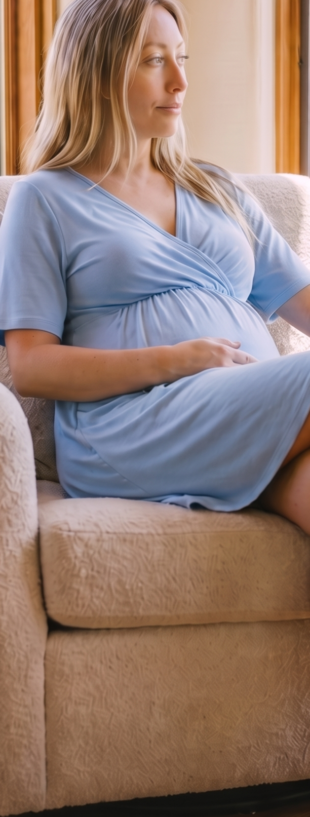 Sky blue dress worn seated, late pregnancy