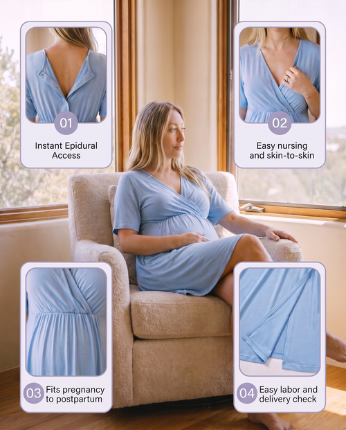 The dress’s four features: back opening, nursing, front flap, from bump to postpartum