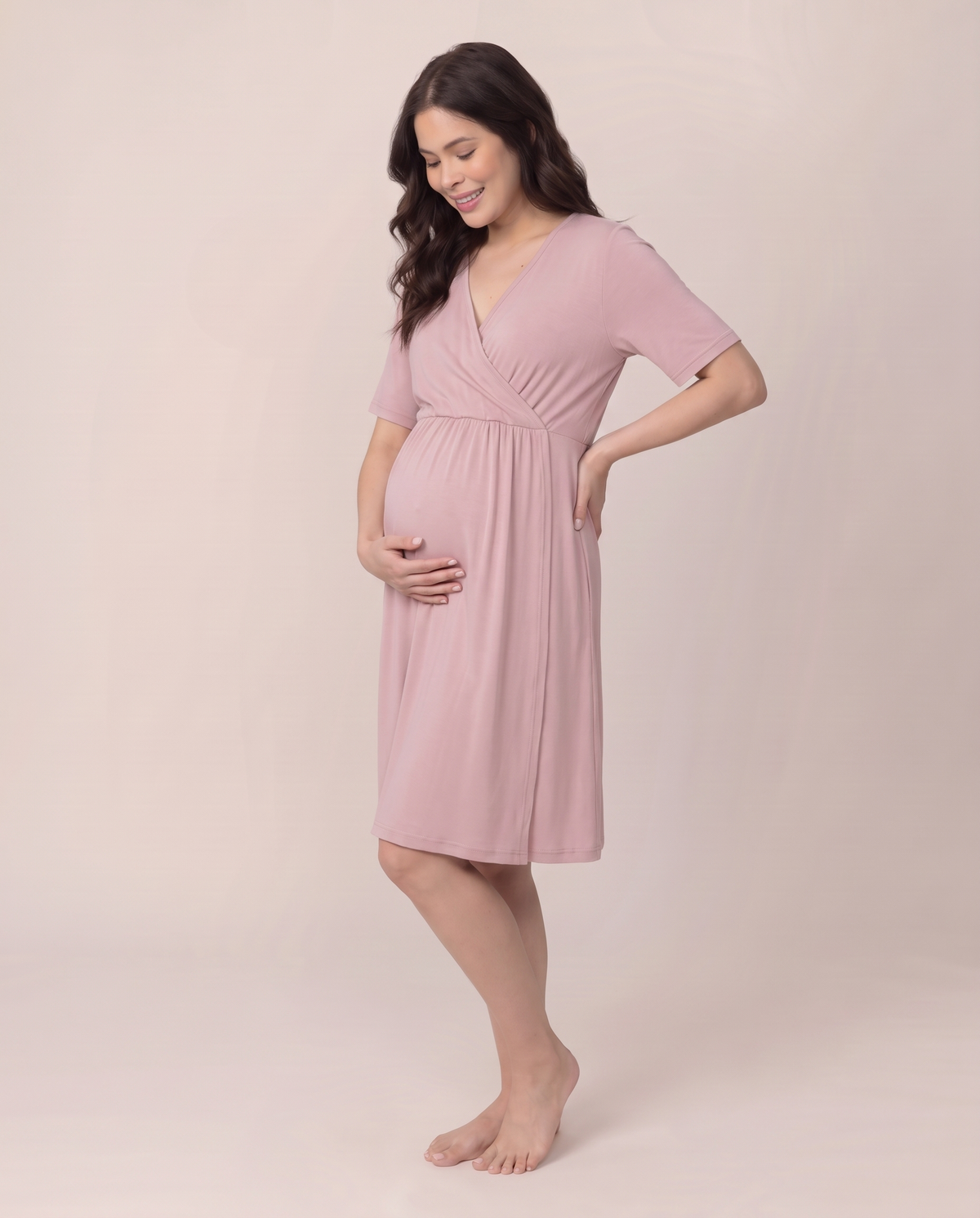 Maternity dress in Powder Pink, front view
