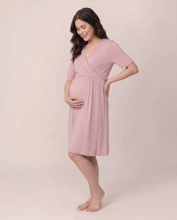 Maternity dress in Powder Pink, front view