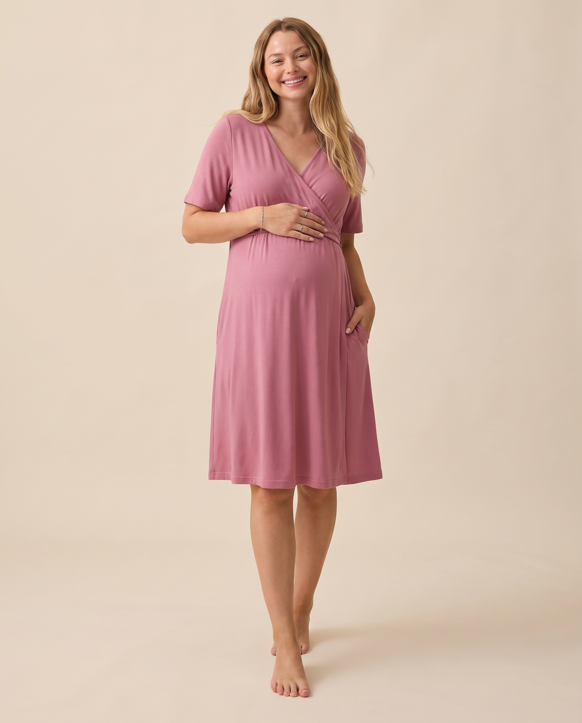 Maternity dress in Dusty Rose, front view